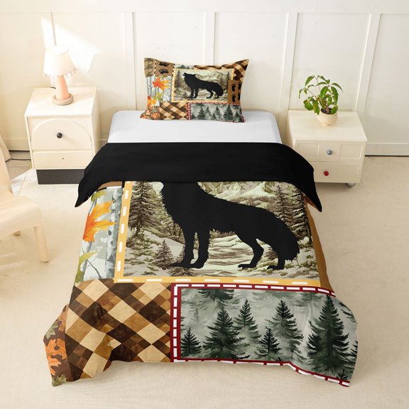 Manfei Autumn Leaf Plaid Twin Duvet Cover,Cartoon Wolf Twin Bedding,Brown,Black Reversible,2-Piece,1 Duvet Cover and 1 Pillowcase