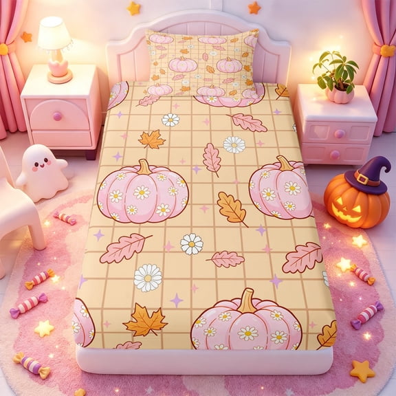 Manfei Autumn Leaf Print Twin Fitted Sheet,Pink Fall Pumpkin Bedding,2 Pieces,1 Fitted Sheet and 1 Pillowcase