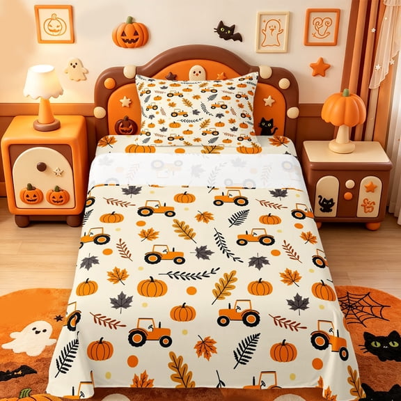 Manfei Autumn Leaf Print Twin Sheets,Minimalist Pumpkin Halloween Bedding,3pcs,1 Flat Sheet,1 Fitted Sheet and 1 Pillowcase