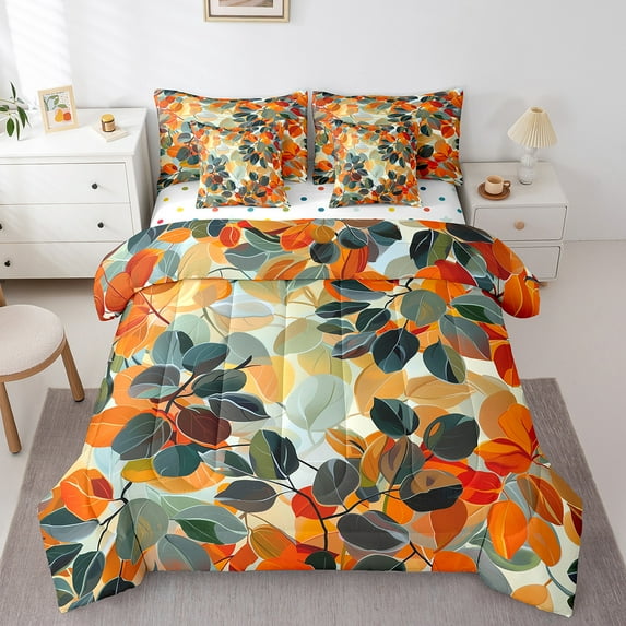 Manfei Autumn Leaves 7-Piece Bedding Comforter Set,Botanical Plants King Bedding Sets,Green Orange Ultra Soft Bed Sheets,Ultra Soft Fall Home Decor,Reversible