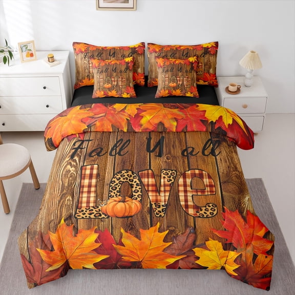 Manfei Autumn Maples 7-Piece Bedding Comforter Set,Fall Love King Bedding Sets,Leopard Print Bed Sheets For Teens,Luxury Bedroom Decor Reversible