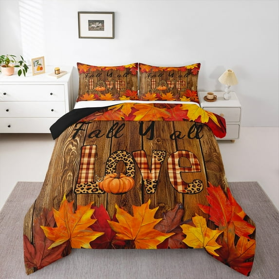 Manfei Autumn Maples King Size Comforter Sets,Fall Love Bedding Comforter Set,Leopard Print Bedding Set For Teens,Luxury Bedroom Decor Reversible,3 Pieces