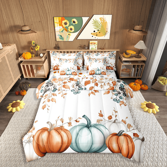 Manfei Autumn Pumpkin Bedding Queen Size,Botanical Plants Comforter Sets with Sheets,Festival Theme Bedding Sets Queen Size,Microfiber Teenager Bedroom Decor,Reversible,7pcs