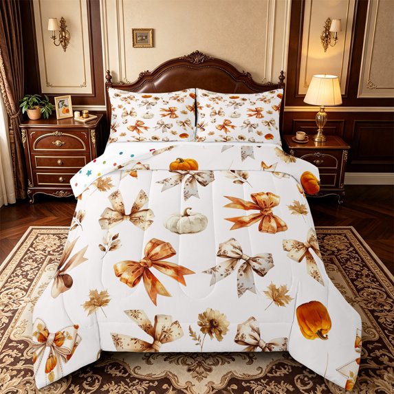 Manfei Autumn Pumpkin Bowknot King Size Comforter Sets,Maple Leaf Fall Comforters King Size,Reversible,3 Pieces,1 Comforter and 2 Pillowcases