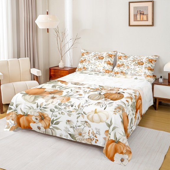 Manfei Autumn Pumpkin Full Size Sheets 4-Piece, Fall Leaves Bed Sheets, Happy Thanksgiving Day Sheet Sets, Microfiber Bedroom Decor