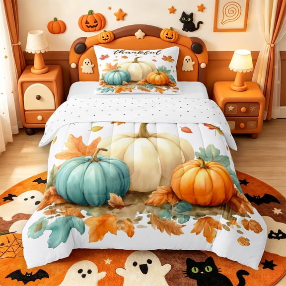 Manfei Autumn Pumpkin Maple Twin Comforter Sets,Thankful Theme Bedding Set,Reversible,2-Piece,1 Comforter and 1 Pillowcase