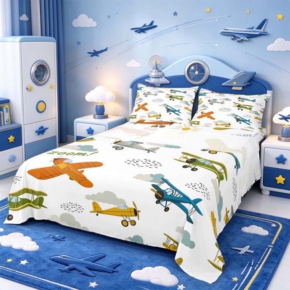 Manfei Aviation Art Bed Sheets,Retro Cloud Full Size Sheets,1 Flat Sheet,1 Fitted Sheet and 2 Pillowcases