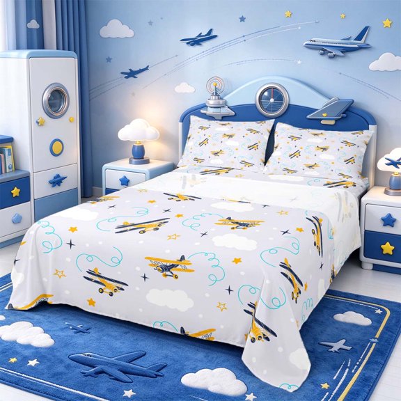 Manfei Aviation Art Bed Sheets,Trendy Cloud Full Size Sheets,1 Flat Sheet,1 Fitted Sheet and 2 Pillowcases