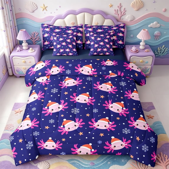 Manfei Axolotl Amphibian Print 7-Piece Twin Bedding,3D Printed Salamander Bedding Comforter Set,Navy Blue Reversible