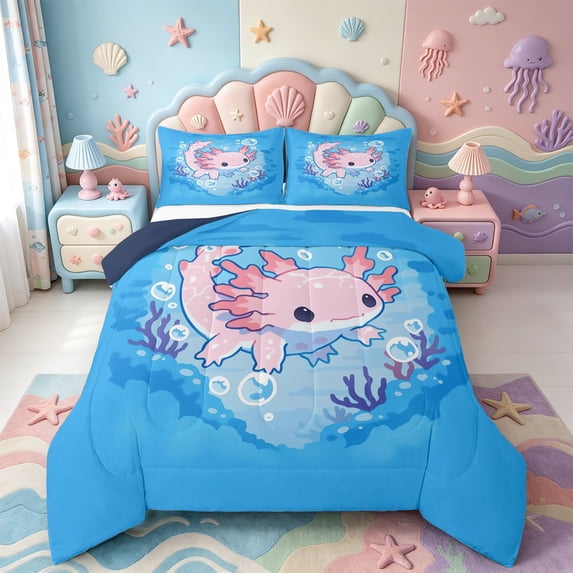 Manfei Axolotl Amphibian Print King Size Comforter Sets,3D Printed Animal Comforters King Size,Navy Blue Reversible,3-Piece,1 Comforter and 2 Pillowcases