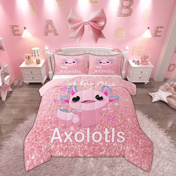 Feelyou Axolotl Bedding Comforter Set for Child, Kawaii Cartoon Animal Twin Comforter Sets, Pink Sequin Print Bedding Set, Microfiber Room Decoration, 2pcs