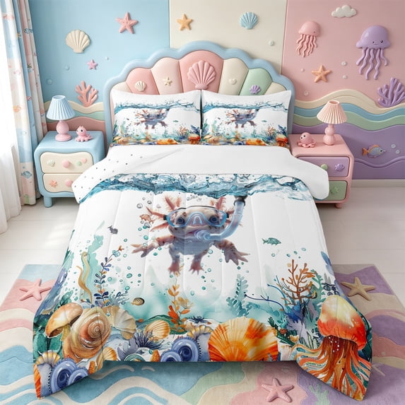 Manfei Axolotl Pattern King Size Comforter Sets,Kawaii Animal Comforters King Size,Reversible,3 Pieces,1 Comforter and 2 Pillowcases