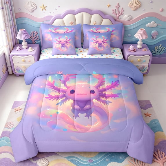 Manfei Axolotl Print 7pcs Queen Bedding,Ocean Themed Animal Bedding Comforter Set Queen,Colorful Stars Reversible