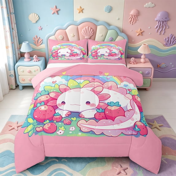 Manfei Axolotl Print Queen Comforter Set,3D Printed Animal Comforter Sets Queen,Pink Reversible,3 Pieces,1 Comforter and 2 Pillowcases