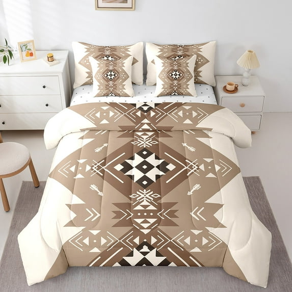 Manfei Aztec Bedding Comforter Set 7pcs,Boho Bohemain Print Full Bedding Set,Brown Retro Geometry Fitted Sheet Flat Sheet,Ultra Soft Bedroom Decor Reversible