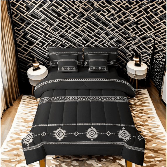 Manfei Aztec Bedding Sets Full Size for Adult, Vintage Bohomian Bed in a Bag Full size, Hippie Triangle Reversible Comforter Sets with Sheets, Lightweight Room Decor, 7-Piece