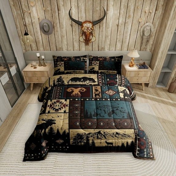 Manfei Aztec Bedding Sets Twin Rustic Southwestern American Native Comforter Set,Bear Deer Moose Quilt Retro Indian Style Hunting Animal Duvet Insert with 2 Pillowcase Microfiber