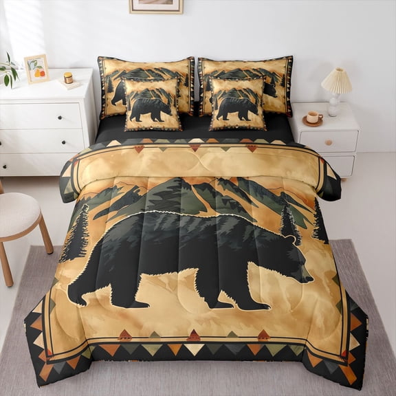 Manfei Aztec Black Bear Pattern 7 Pieces Full Size Bedding Sets,Mountain Print Full Size Bed in a Bag,Brown,Black Reversible