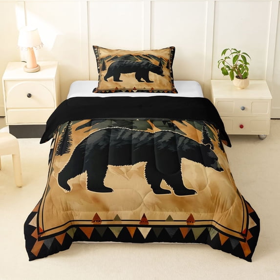 Manfei Aztec Black Bear Pattern Twin Comforter Sets,Mountain Print Bedding Set,Brown,Black Reversible,2-Piece,1 Comforter and 1 Pillowcase
