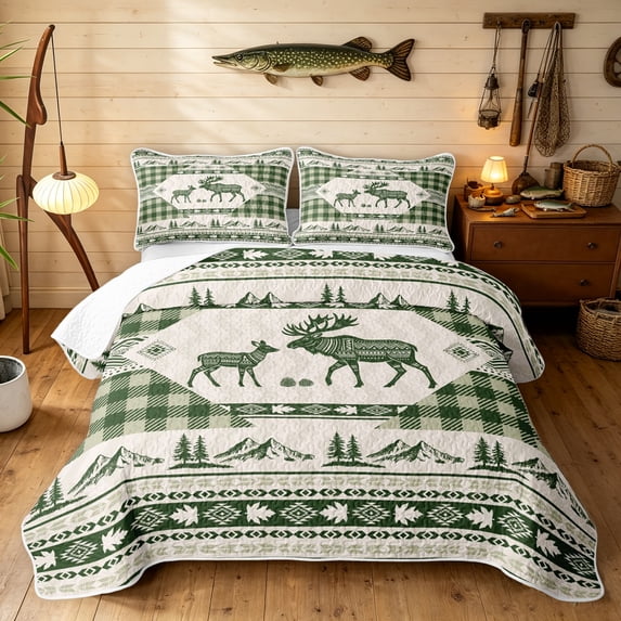 Manfei Aztec Deer Bed Spread Queen, Hippie Buffalo Square Queen Coverlet Set, Beige Sage, Black Reversible, 3 Pieces, 1 Quilt and 2 Pillowcases