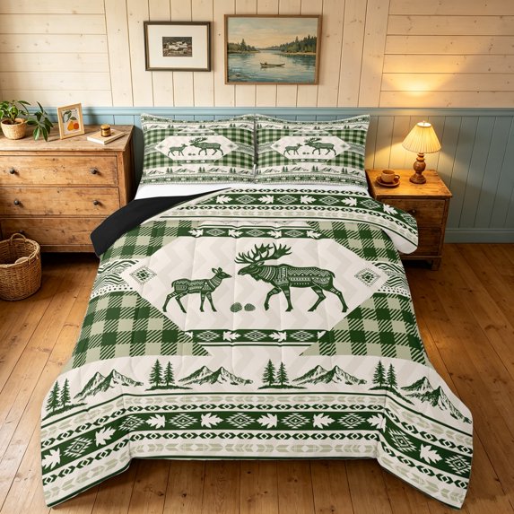 Manfei Aztec Deer Full Size Comforter Sets, Hippie Buffalo Square Bedding Comforter Set, Beige Sage, Black Reversible, 3 Pieces, 1 Comforter and 2 Pillowcases