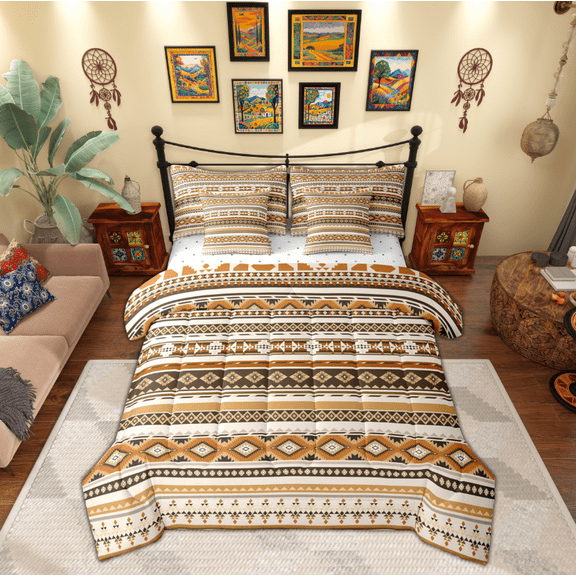 Manfei Aztec Geometric 7-Piece Twin Bedding Sets,Boho Theme Bedding Comforter Set,Brown Beige Sheet Sets For Men Women,Ultra Soft Home Decor Reversible