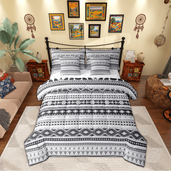 Manfei Aztec Geometric 7-Piece Twin Bedding Sets,Boho Theme Bedding Comforter Set,Gray White Sheet Sets For Men Women,Ultra Soft Home Decor Reversible
