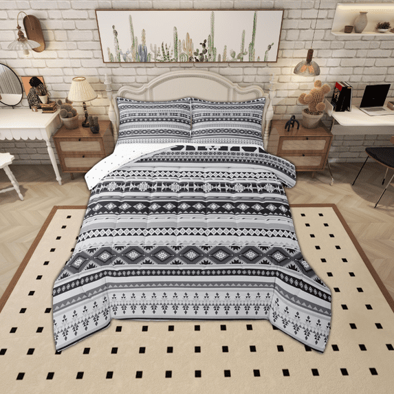 Manfei Aztec Geometric Full Size Comforter Sets,Boho Theme Bedding Comforter Set,Gray White Bedding Sets For Men Women,Ultra Soft Home Decor Reversible,3 Pieces