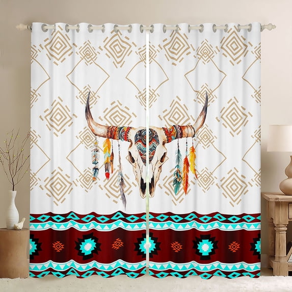 Manfei Aztec Geometric Kitchen Curtains, Boho Cow Skull Print Black Out Curtains Pack of 2 (42x63 Each), Orange Black