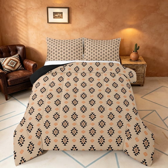 Manfei Aztec Geometric Queen Comforter Set, Bohemian Southwestern Comforter Sets Queen, Beige, Black Reversible 3 Pieces, 1 Comforter and 2 Pillowcases
