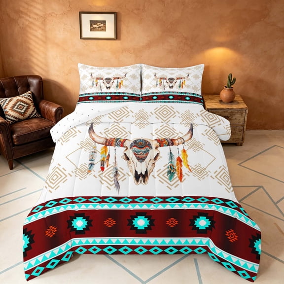 Manfei Aztec Geometric Queen Comforter Set, Boho Cow Skull Print Comforter Sets Queen, Orange Black, Reversible 3 Pieces, 1 Comforter and 2 Pillowcases