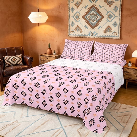 Manfei Aztec Geometric Queen Sheets, Bohemian Southwestern Queen Sheet Sets, Pink, Pink Reversible 4-Piece1 Flat Sheet + 1 Fitted Sheet + 2 Pillowcases