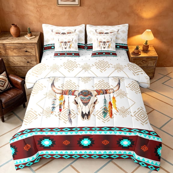 Manfei Aztec Geometric Twin Bedding, Boho Cow Skull Print Bedding Comforter Set, Orange Black, Reversible 7-Piece