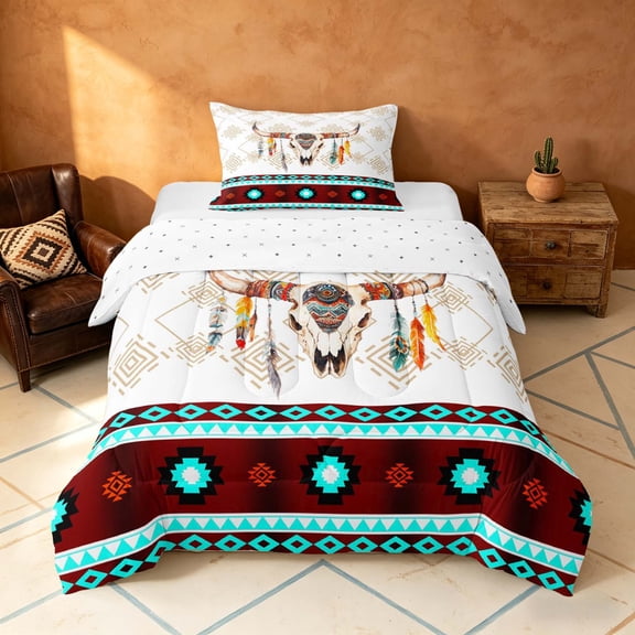 Manfei Aztec Geometric Twin Comforter Sets, Boho Cow Skull Print Bedding Set, Orange Black, Reversible 2 Pieces, 1 Comforter and 1 Pillowcase