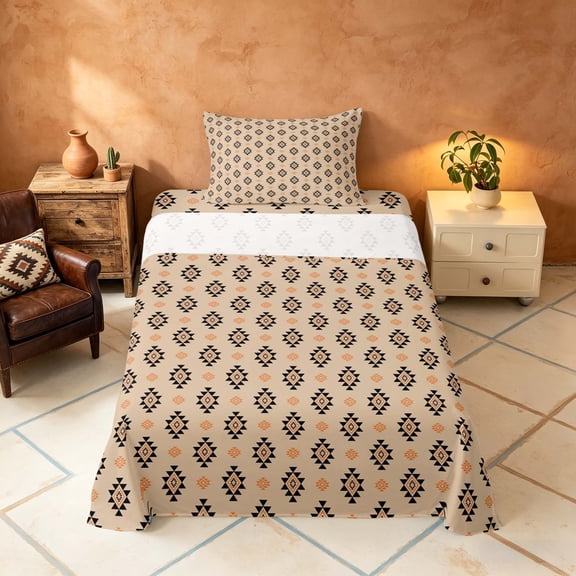 Manfei Aztec Geometric Twin Sheets, Bohemian Southwestern Bedding, Beige, Black Reversible 3 Pieces1 Flat Sheet + 1 Fitted Sheet + 1 Pillowcase
