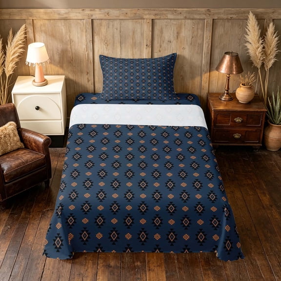 Manfei Aztec Geometric Twin Sheets, Bohemian Southwestern Bedding, Blue, Navy Reversible 3pcs1 Flat Sheet + 1 Fitted Sheet + 1 Pillowcase
