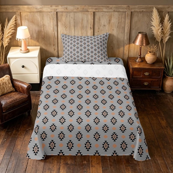 Manfei Aztec Geometric Twin Sheets, Bohemian Southwestern Bedding, Gray, Gray Reversible 3 Pieces1 Flat Sheet + 1 Fitted Sheet + 1 Pillowcase