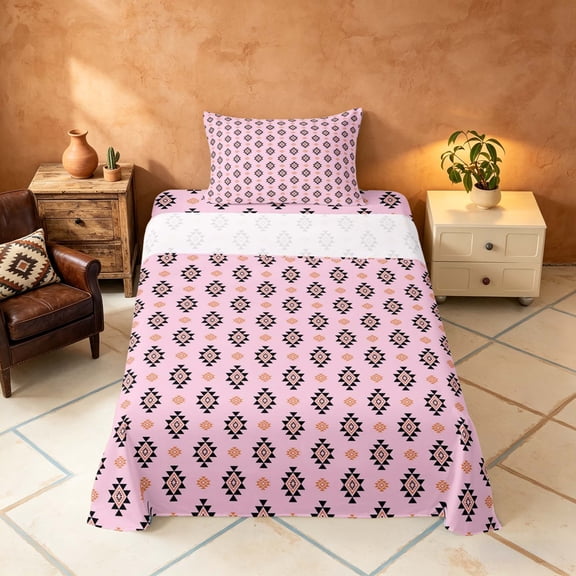 Manfei Aztec Geometric Twin Sheets, Bohemian Southwestern Bedding, Pink, Pink Reversible 3-Piece1 Flat Sheet + 1 Fitted Sheet + 1 Pillowcase