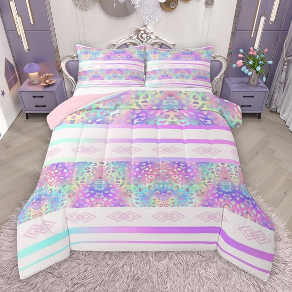 Manfei Aztec Leopard Print Queen Comforter Set for Female, Fashion Cheetah Animal Bedding Sets, Chic Stripes Abstract Reversible Bedding Comforter Set, Luxury Bedroom Decor, 3-Piece
