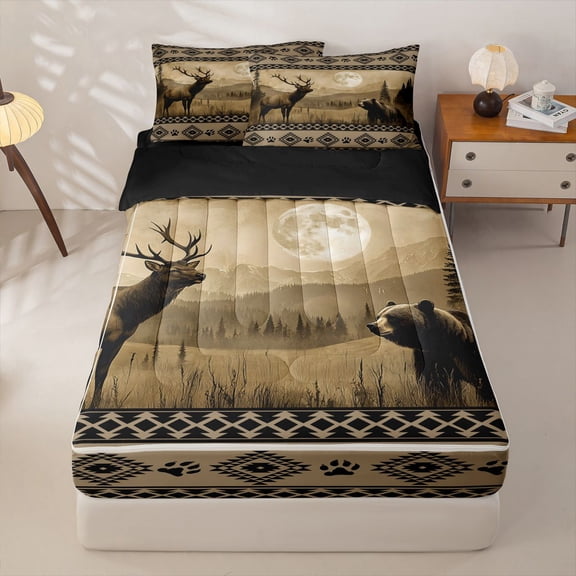 Manfei Aztec Pattern Zipper Twin Comforter Sets with Fitted Sheet and 2 Pillowcases,Vintage Elk Zipper Bedding Set,Brown,Black Reversible,4pcs