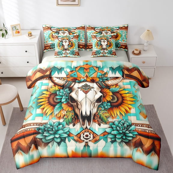Manfei Aztec Print Bedding Comforter Set 7-Piece,Farm Bull Skull Queen Bedding Sets,Cyan Flower Floral Queen Sheet Sets,Ultra Soft Room Decorative Reversible
