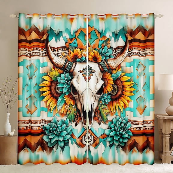 Manfei Aztec Print Blackout Curtains Set of 2 (52x84 Each),Farm Bull Skull Window Curtains,Cyan Flower Floral Curtains and Drapes,Ultra Soft Room Decorative
