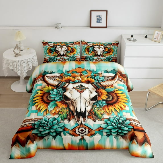 Manfei Aztec Print Full Size Comforter Sets,Farm Bull Skull Bedding Comforter Set,Cyan Flower Floral Bedding Sets,Ultra Soft Room Decorative Reversible,3pcs