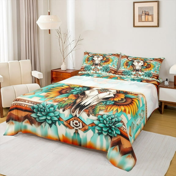 Manfei Aztec Print Queen Sheet Sets,Farm Bull Skull Flat Sheet,Cyan Flower Floral Queen Fitted Sheet,Ultra Soft Room Decorative,4-Piece