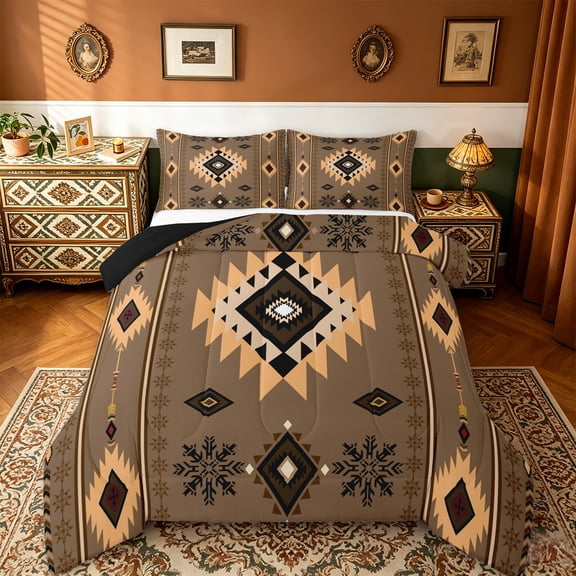 Manfei Aztec Queen Comforter Set,Boho bohemian Print Bedding Sets,Black Retro Geometric Bedding Comforter Set,Ultra Soft Bedroom Decor Reversible,3pcs