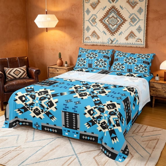 Manfei Aztec Tribal Bed Sheets, Geometric Diamond Fuul Size Sheets, Black Blue, Black Reversible 4 Pieces1 Flat Sheet + 1 Fitted Sheet + 2 Pillowcases