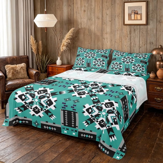 Manfei Aztec Tribal Bed Sheets, Geometric Diamond Fuul Size Sheets, Turquoise Black Cream, Black Reversible 4-Piece1 Flat Sheet + 1 Fitted Sheet + 2 Pillowcases