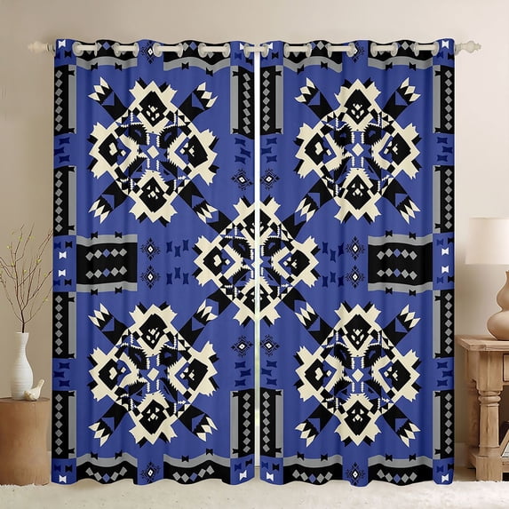 Manfei Aztec Tribal Blackout Curtains, Geometric Diamond Curtains Pack of 2 (42x84 Each), Blue Black