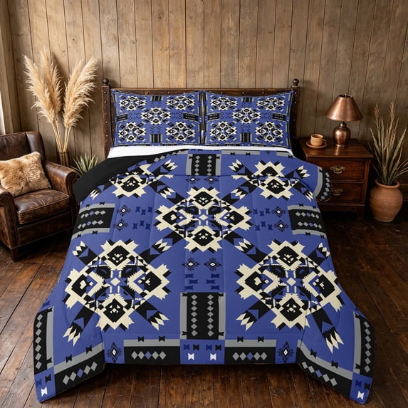 Manfei Aztec Tribal Full Size Comforter Sets, Geometric Diamond Bedding Comforter Set, Blue Black, Black Reversible 3pcs, 1 Comforter and 2 Pillowcases