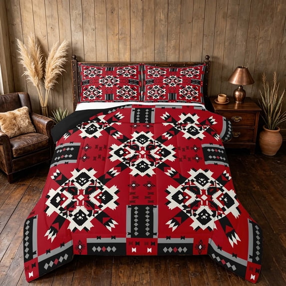 Manfei Aztec Tribal Full Size Comforter Sets, Geometric Diamond Bedding Comforter Set, Red Black Cream, Black Reversible 3 Pieces, 1 Comforter and 2 Pillowcases